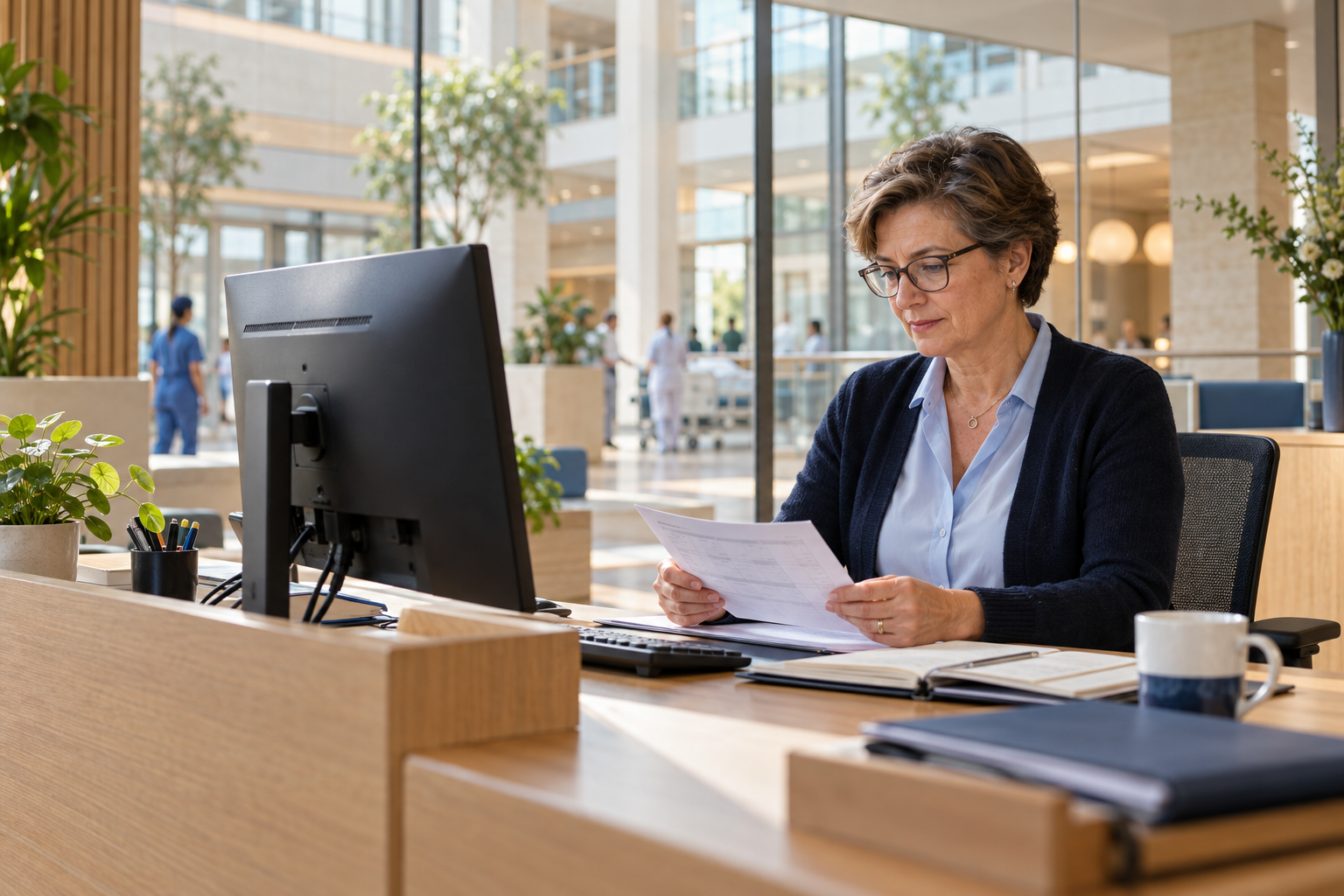 Medewerker controleert een planning aan haar werkplek in het ziekenhuis